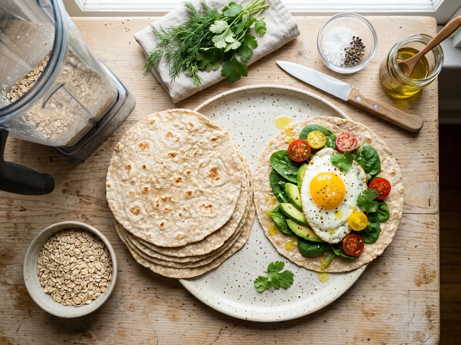 Stack of homemade oatmeal tortillas with a savory breakfast wrap and blender container