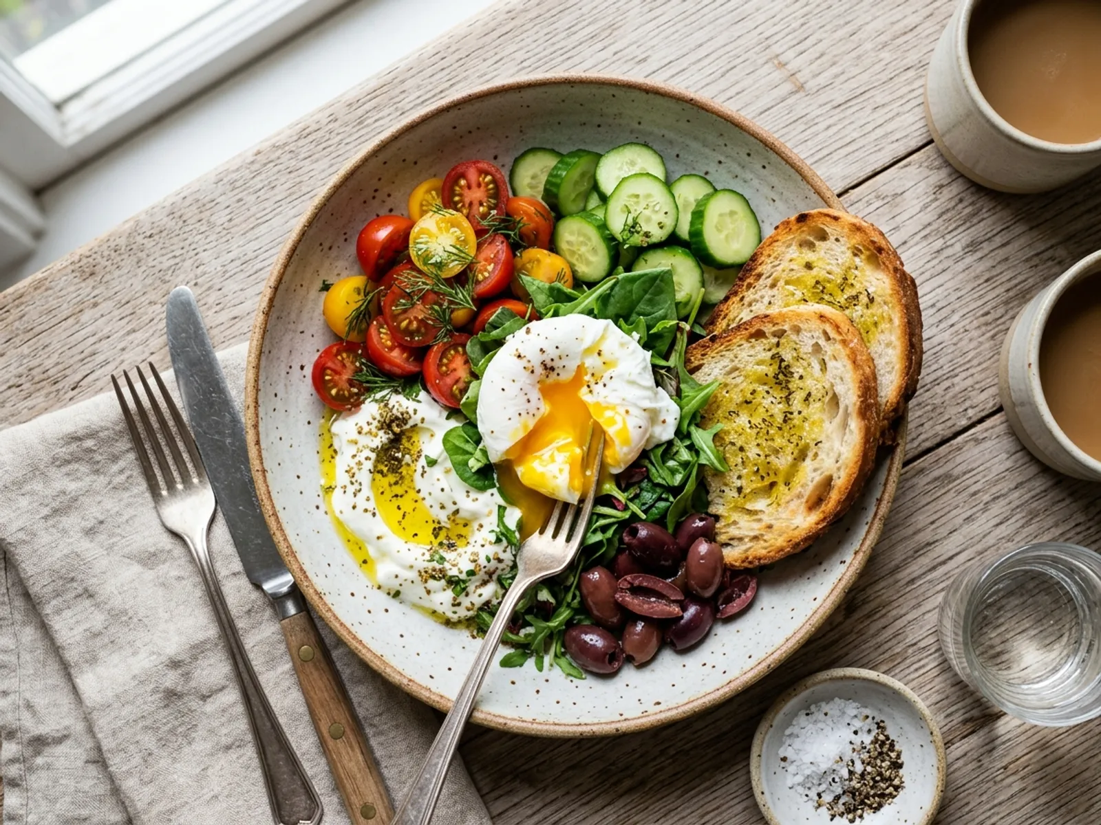Savory Mediterranean breakfast bowl with poached eggs, tomatoes, cucumbers, yogurt, and sourdough